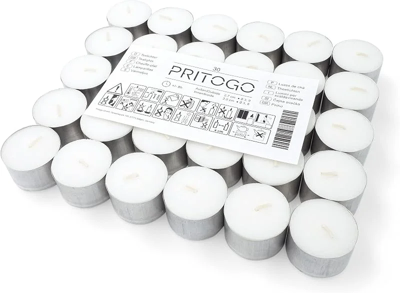 Pritogo Velas de té blancas en funda de aluminio, diámetro 3, 8 x 2, 5 cm, sin hollín, tiempo de combustión: 8 horas (30 unidades de aluminio) — Cena a la luz de velas