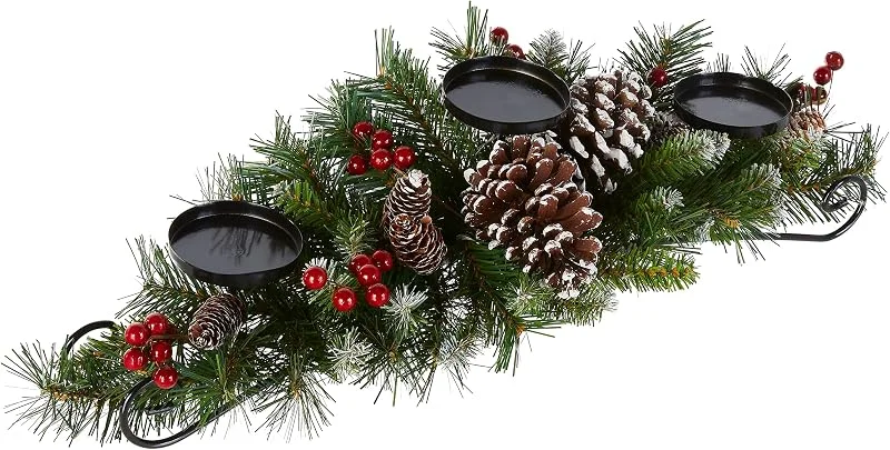 National Tree Company - Centro de Mesa Artificial de Navidad, Incluye 3 portavelas, Bayas Rojas, Conos de Pino y Base de Robo, Bayas esmeriladas, 30 Pulgadas — Cena a la luz de velas