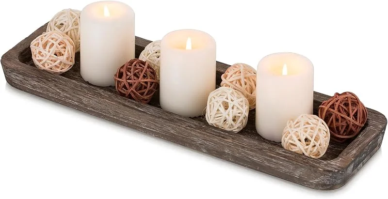 Hanobe Bandeja de Madera rústica para Velas: portavelas Decorativos, Plato Largo para Velas de Granja, Mesa de café, bandejas rectangulares para Velas de Pilar para decoración del hogar — Cena a la luz de velas