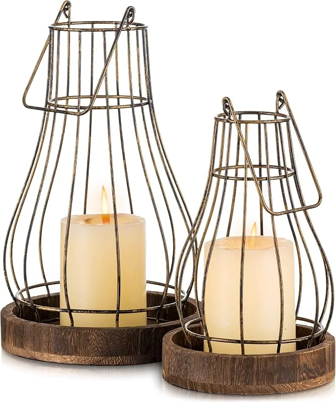 Romadedi juego de 2 linternas de madera, rústicas, para velas, salón — Adviento y mesa