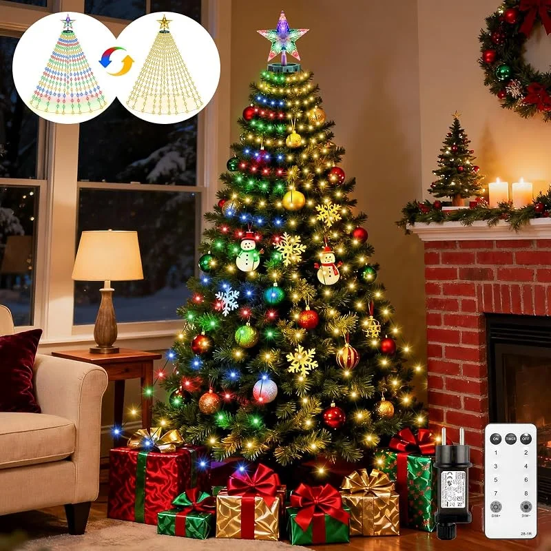 Forlivese Iluminación para árbol de Navidad con cilindro de estrella, 410 LED, 16 cables, multicolor + cadena de luz blanca cálida con 8 modos, temporizador, mando a distancia para interior, exterior — Luces Navidad