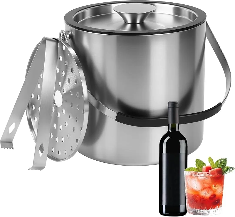 BUCOMTU 3litros Cubitera de Acero Inoxidable de con Clips y Colador, Cubeta para Hielo con Aislamiento de Doble Pared, para Fiestas, Ares, vinos refrigerados, Champán, Cerveza, Cócteles — Vino y mesa festiva