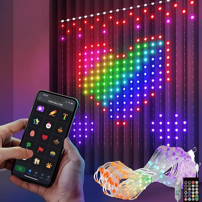 DaKango cortina Lámparas inteligentes, 400 LEDslámparas de cortina decoloradas app remoto USB música sincronizada lámparas LED DIY lámparas de ventana para dormitorio decoración navideña (2x2m) — Luces Navidad