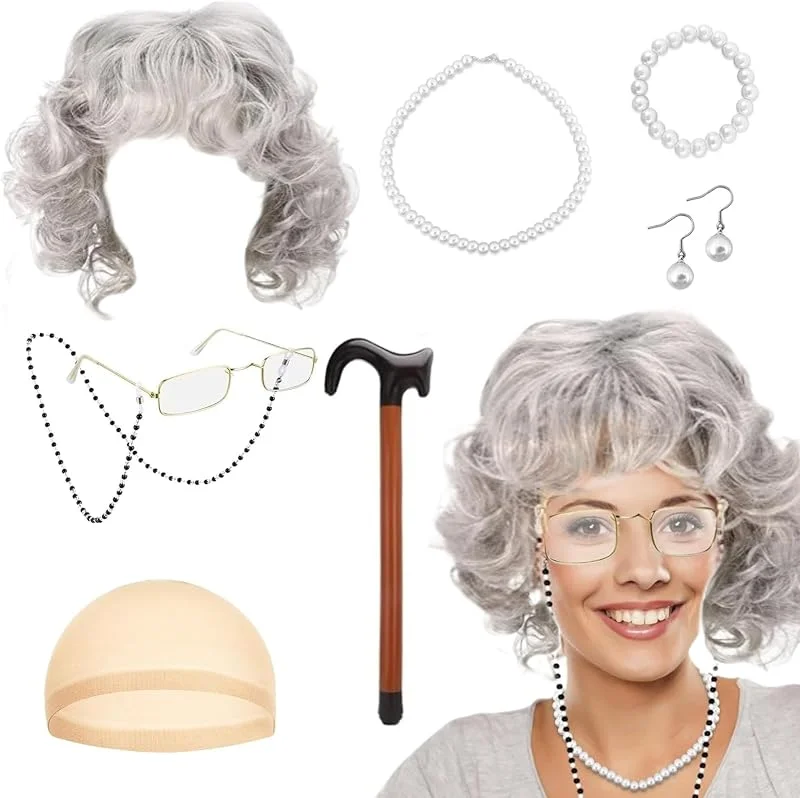 QHSXMQ Juego de 9 accesorios para disfraz de abuela, peluca gris con gorro, gafas con cadena, collar de perlas, pulsera, pendientes, bastón inflable, unisex, gris, moderno, Halloween, Navidad — Ropa Navidad