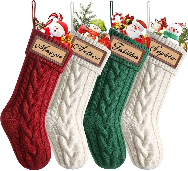 Weldomcor 4 Piezas Calcetines Navidad Personalizados con Nombre, 46 cm Medias de Navidad de Punto Navidad Chimenea Árbol de Navideña Calcetín de Decoración para Llenar y Colgar (Rojo, Blanco, Verde) — Decoracion Navidad