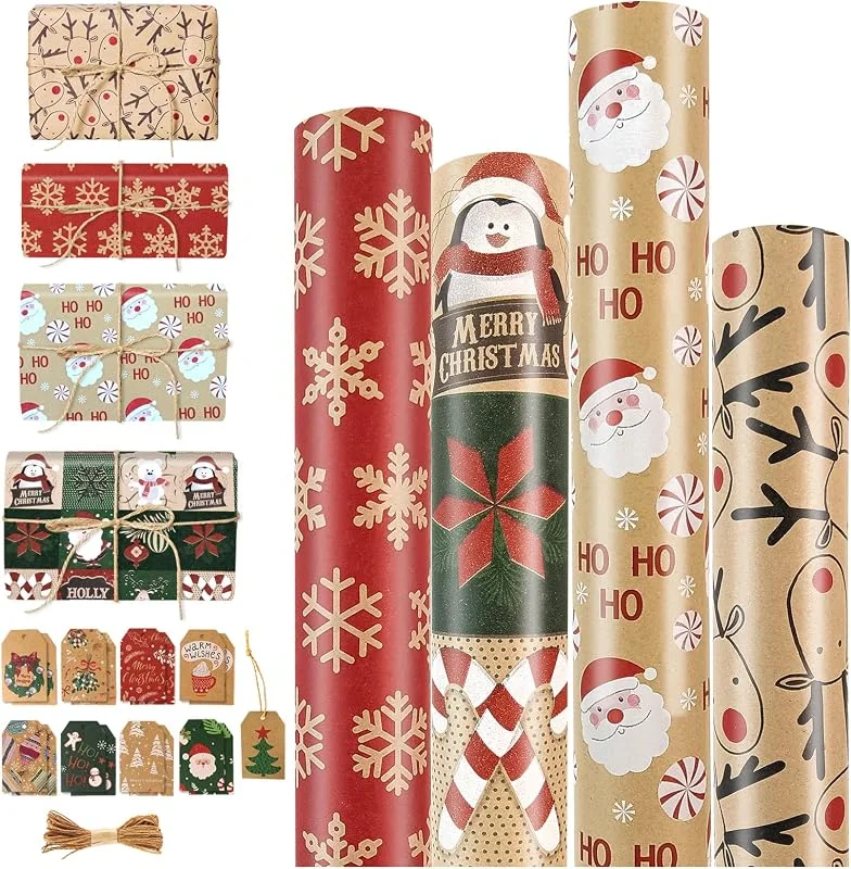 Audasi 4 Pezzo 43 * 300CM Papel Regalo Navidad, Reciclable Papel de Regalo Kraft Navidad con Etiquetas Rollo De Papels De Regalos Navideño para Familia Amigos Decoración Navideños Wrapping — Envoltorio regalo