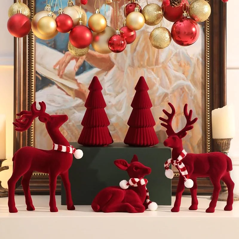 Lanpn 5 Pzas Decoración Navideña de Ciervos & Árbol, Figuras de Renos Arbol de Flocado, Adorno Navidad Estatua Alce Nordicos para Centro de Mesa Hogar Chimenea Ventana Escritorio Vacaciones, Rojo — Decoracion Navidad