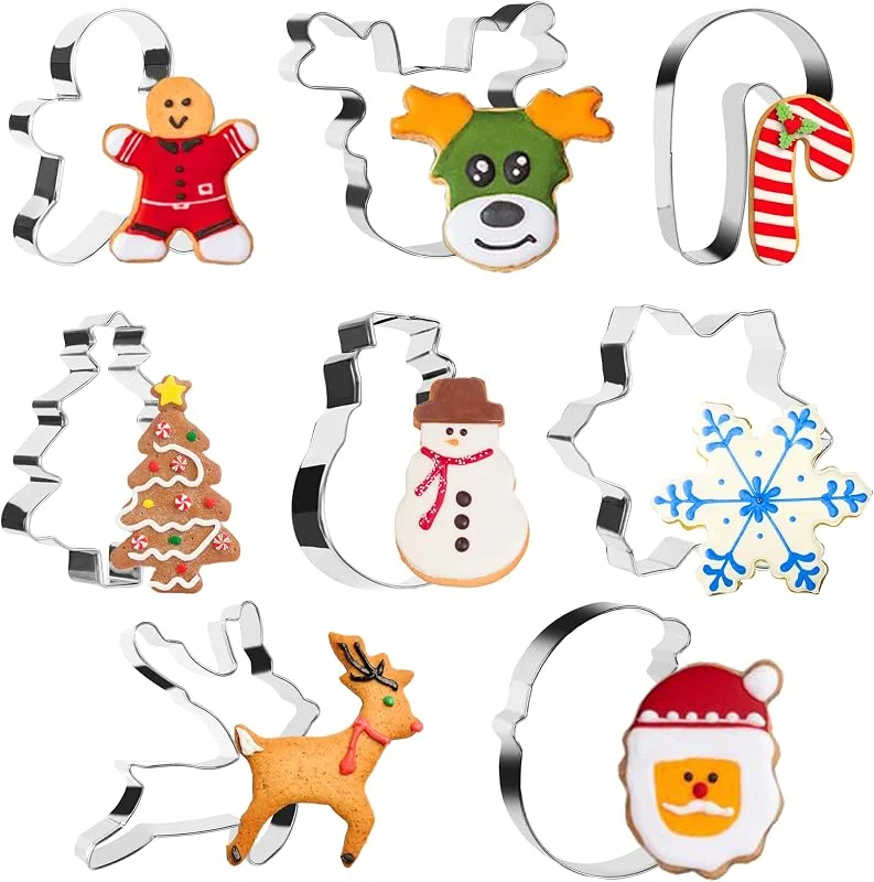 RFWIN Cortador de galletas de Navidad, juego de 8 cortadores de galletas de Navidad, Papá Noel, copo de nieve, bastón de caramelo, cortador de Navidad de acero inoxidable para hornear niños — Hogar y cocina