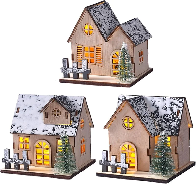 Hbbgdiy Juego de 3 Casas de Pueblo navideñas de Madera iluminadas con Techo de Nieve y decoración de árboles, Centro de Mesa Festivo de Navidad, decoración de casa de Vacaciones, Adorno de Escena de inv — Decoracion Navidad