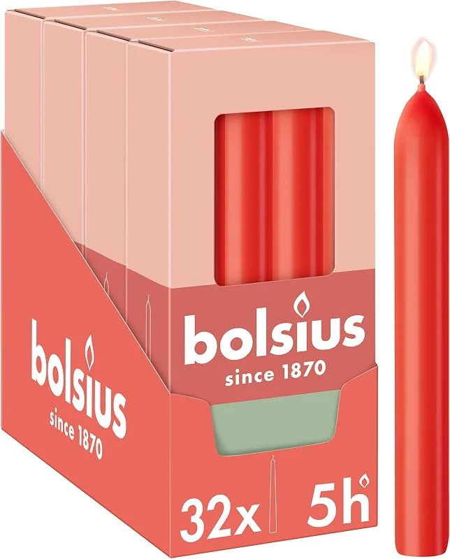 Visita la tienda de Bolsius Bolsius Essentials – Velas de punta lisa – Rojo – 17 cm – 32 unidades – Velas decorativas – Sin aceite de palma — Cena a la luz de velas