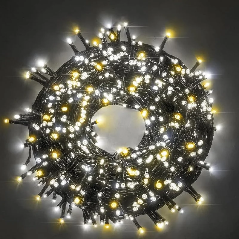 Luccika Luces LED navideñas de exterior, interior, 5 mm, cable verde, 8 modos, controlador 31 V con memoria, IP44 (blanco hielo + blanco cálido, 9 m, 180 LED) — Luces Navidad