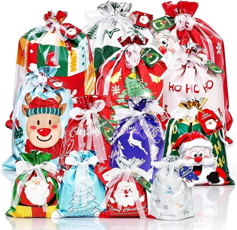 HooJtny 40 Bolsas Regalo Navidad con Cordón, 16 Diseños, 6 Tamaños — Envoltorio regalo