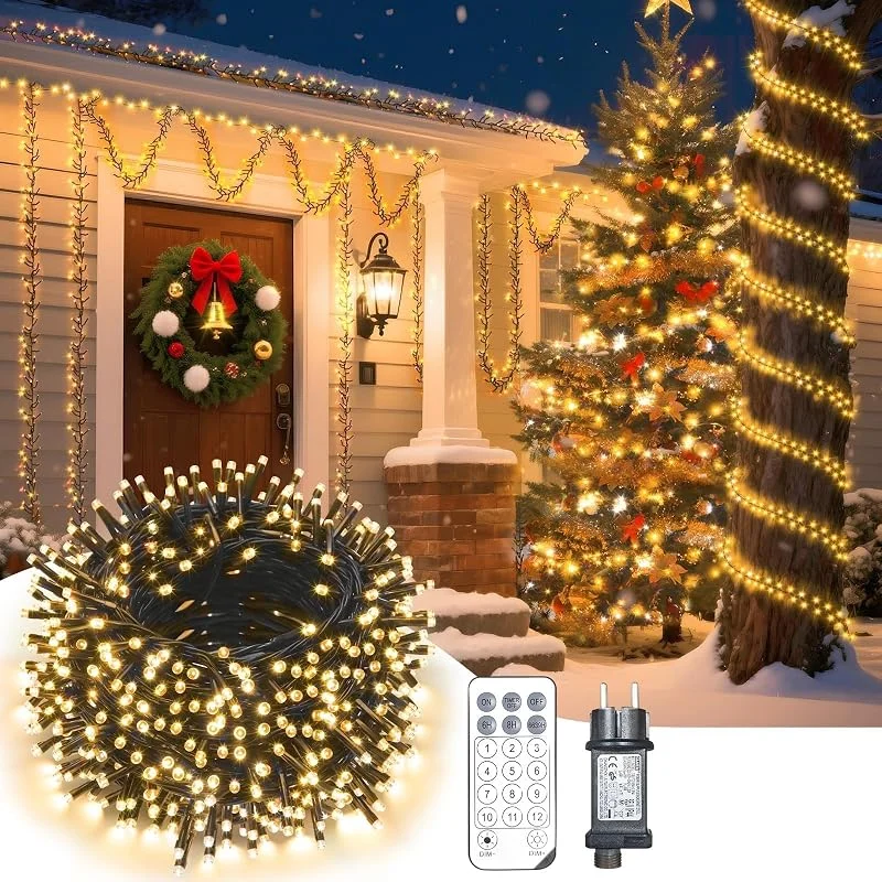 HELESIN Guirnalda de Luces LED, 1200 Ledes 23M, Luz Blanca Cálida, Cadena de Luz con 12 Modos y Temporizador para Jardín, Iluminación Navideña con Mando a Distancia para Jardín, árbol de Navidad, Boda — Luces Navidad