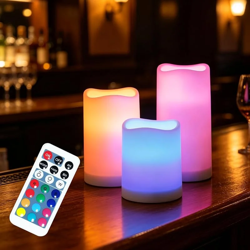 WRalwaysLX Velas de plástico sin llama para exteriores e interiores, velas parpadeantes LED que cambian de color con control remoto y temporizador, 3 unidades, utilizadas por 3 pilas AAA(coloridas) — Cena a la luz de velas