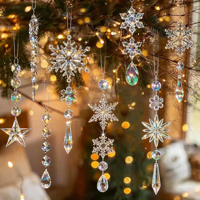 GuassLee 18 Adornos de Cristal para árbol de Navidad, acrílico Iridiscente, Copo de Nieve, carámbano, Adornos Colgantes de Cristal para árbol, decoración de Fiesta Iridiscente de Navidad, decoración — Decoracion Navidad