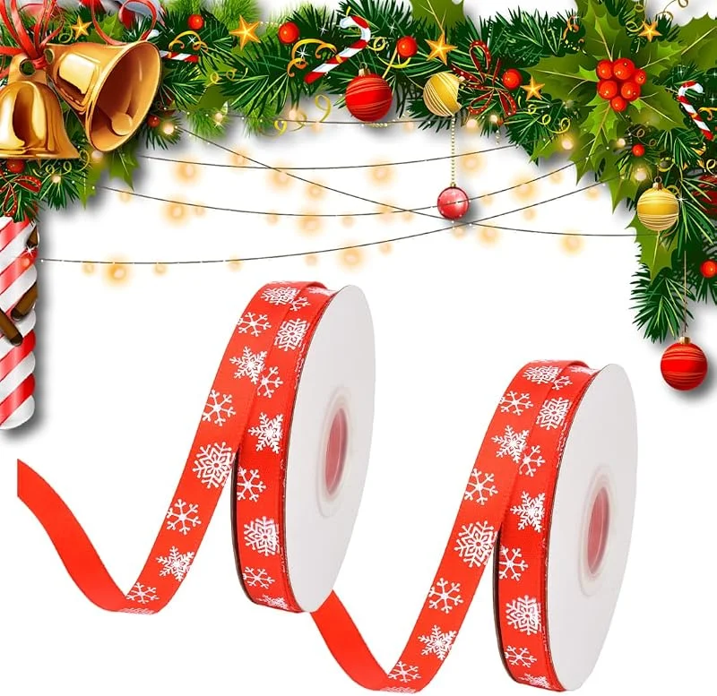 WUSJCOF 2 Rollos de Cintas Navideñas, Cinta Regalo Navidad, Cinta Raso Navidad, Cinta Navidad Tela, Cinta Lazos Navidad para Regalos Decorativos, Flores o Artesanías(rojo) — Envoltorio regalo