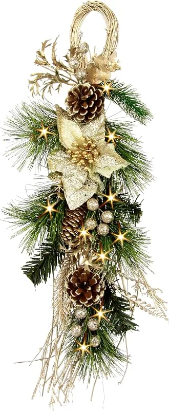 Flair Flower Decoración de Abeto Colgante con Estrella de Navidad, Ramas Decorativas, Conos, Cadena de Luces LED, Abeto, Ramas de Abeto, Colgador de Pared, Guirnalda Decorativa, decoración de Pared, decoración de — Decoracion Navidad