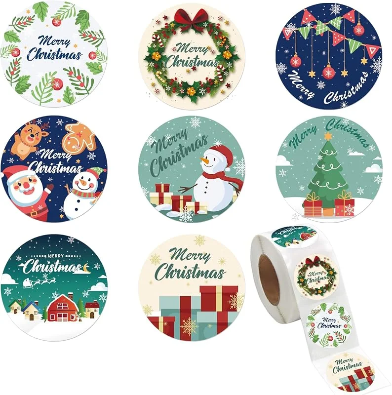 LXONTSG Feliz Navidad Sticker, 500 Piezas Pegatinas de Feliz Navideño Regalos, Sticker Navidad Redondo, Pegatinas de Navideñas Autoadhesivas, Etiquetas Adhesivas Feliz Navideñas, para Scrapbooking(A) — Envoltorio regalo
