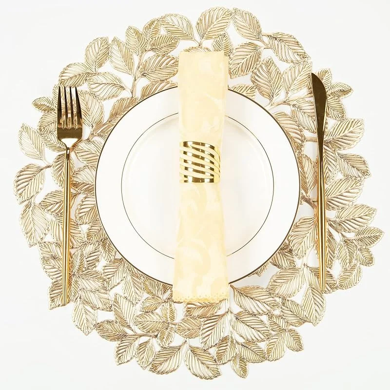 GUIZIYAO 4 Piezas Manteles Individuales Redondos Dorados En Forma De Hoja, Manteles Individuales Redondos, Bajoplatos Navidad Dorados, Decoración De Mesa para Bodas Y Fiestas — Hogar y cocina