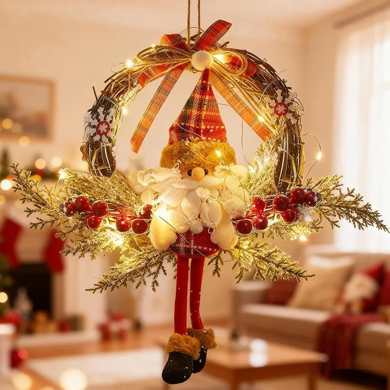 KIKVTER Corona para puerta de Navidad, 35 cm, LED, decoración para puerta, con luz LED, corona de Navidad, corona de Papá Noel, corona de ratán, decoración navideña para puerta de casa, pared, ventana — Decoracion Navidad