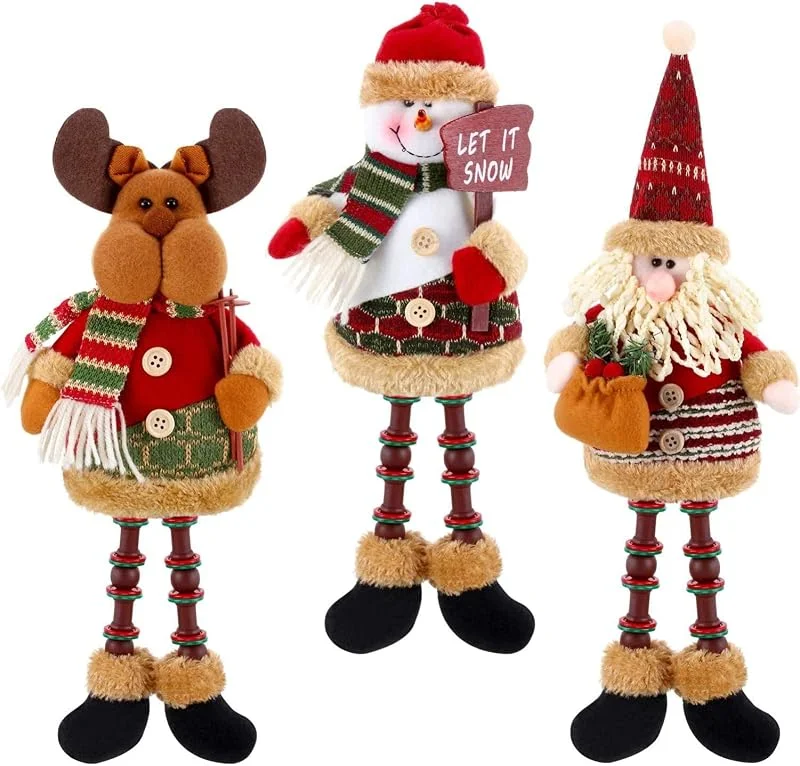 KAHEIGN 3 Piezas Figuras De Peluche De Navidad, Navidad Sentado Papá Noel Monigote De Nieve Reno Decoración Navideña Figura De Piernas Largas para Decoración De Chimenea De Mesa — Adviento y mesa