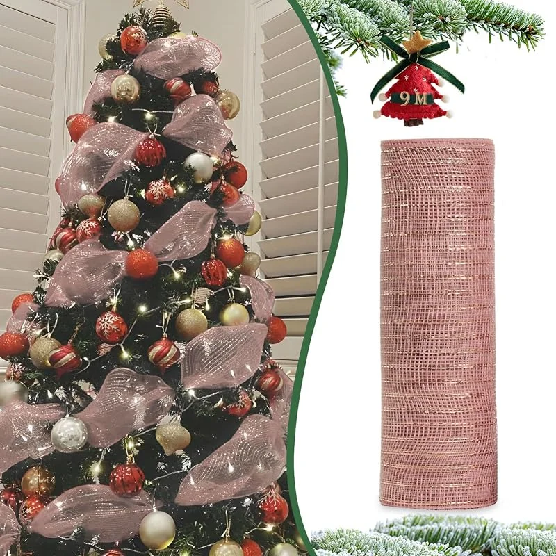 KYOEOE 26 cm×9 m Guirnaldas de Navidad Brillante Cinta de Navidad Ancha Oro Rosa, Cinta de Regalo Cinta Decorativa de Navidad Poli Malla Cinta para Lazos Decoración del Árbol de Navidad Corona de Navidad — Decoracion Navidad
