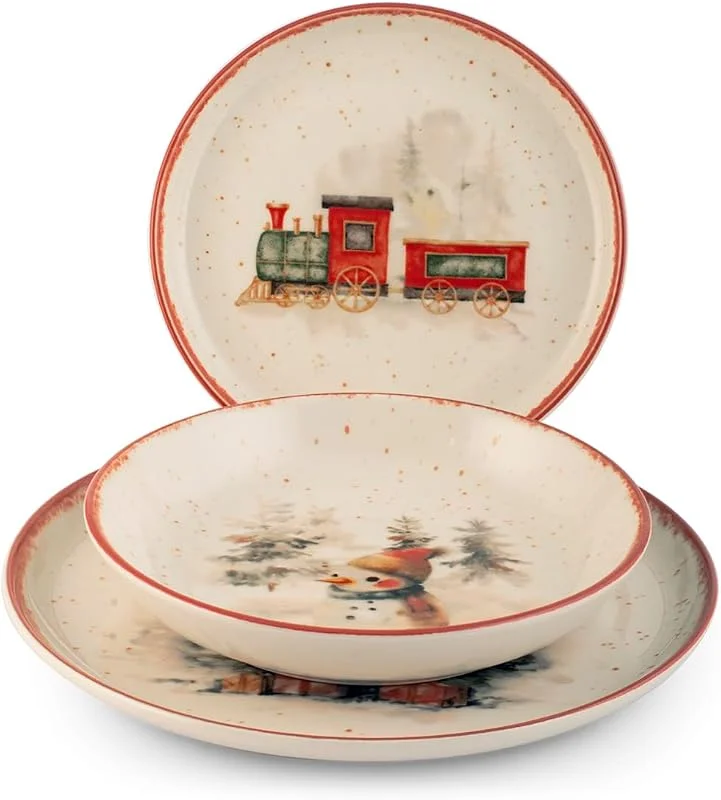 H&H Juego de Mesa Navidad 18 Piezas Santa Express en Gres - Platos Planos, Sopas y Postres con Diseño Navideño de Luces, Regalos y Magia, Ideal para Crear una Mesa Elegante y Festiva — Adviento y mesa