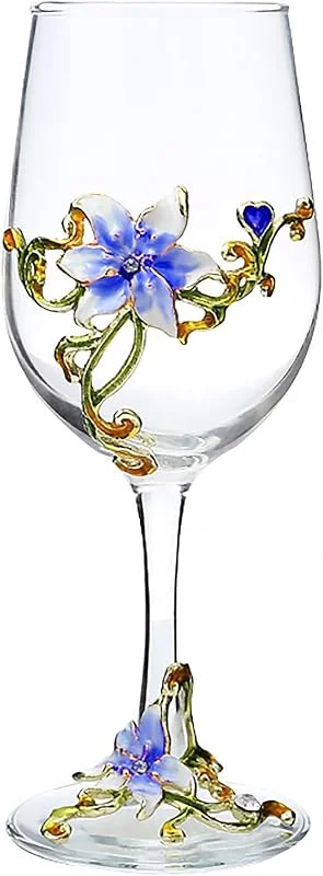 XUDREZ Copa de vino esmaltada hecha a mano con diseño de flor esmaltada, regalo de cumpleaños para mujeres, mamá, amigos, día de la madre, sin plomo (lirio azul) — Vino y mesa festiva