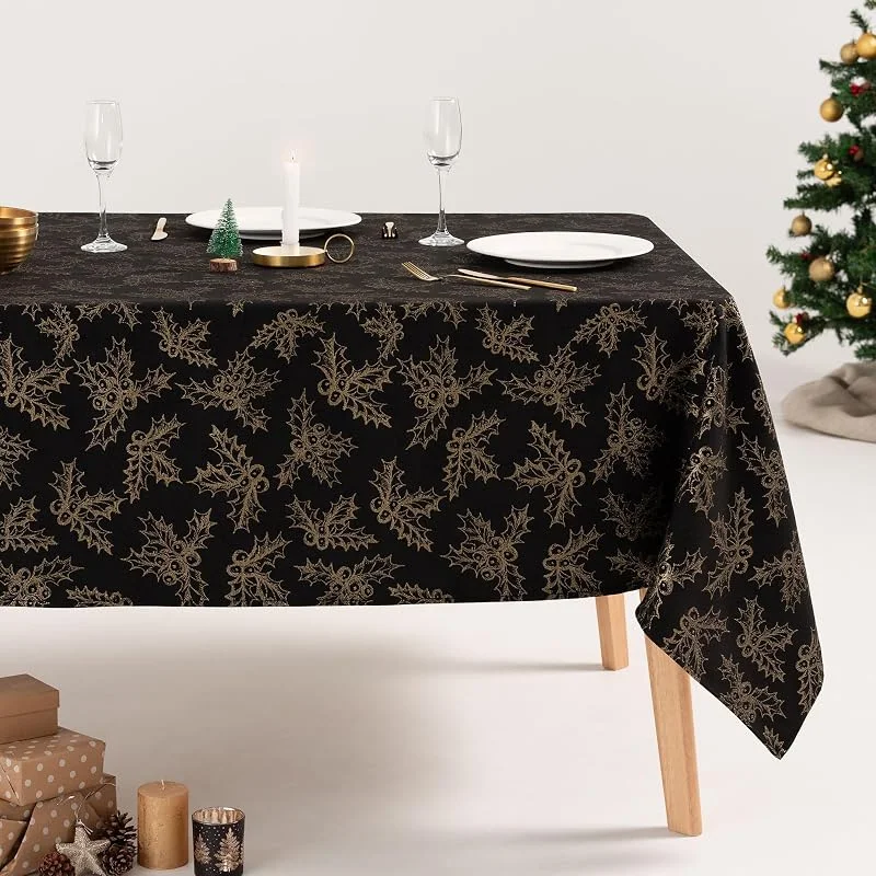 Visita la tienda de GAMUSI GAMUSI Mantel Navidad Floral Jacquard Hilo Oro Mesa Comedor Rectangular Decoración Navideña 140x100 cm Color Negro — Hogar y cocina