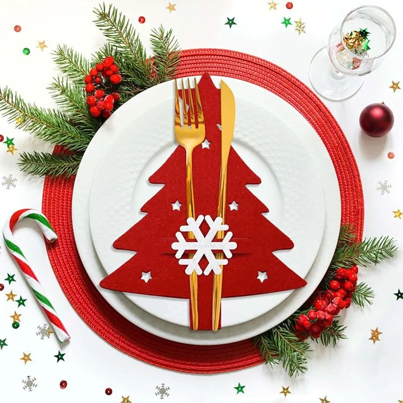 FHUZRE 12 Piezas Porta Cubiertos Fieltro Navidad Rojo, Porta Cubiertos Navideños Adornos Decoracion Mesa, Cubre Cubierto Navideña Bolsas Árbol de Navidad Blanco Copo de Nieve Estrella Decoración — Adviento y mesa