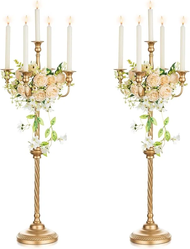 Visita la tienda de Nuptio Nuptio Oro Candelabros Centros de Mesa 5 Velas: 88cm Conjunto de 2 Candelabros de Pie Titular de Alto, Metal Candelabro Titular La Vela Retro para El Hogar de La Boda Navidad Halloween Aniversario — Cena a la luz de velas