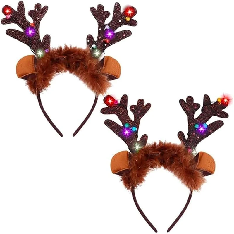 HIQE-FL 2Pcs Astas de Navidad, Tocado de Navidad, Aros de Navidad para el Pelo con Luz Led, Diadema Navideña Divertida, Diadema con Cuernos de Ciervo, Asta de Reno — Ropa Navidad