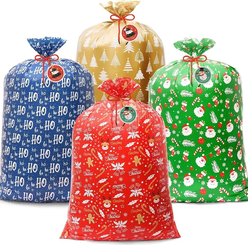 AhfuLife Extra Grandes Bolsas de Navidad con Etiquetas, 92x125 cm, 8 piezas Reutilizables de Bolsas para Regalos, Papel de Regalo y Decoración de Fiestas Navideñas​ — Envoltorio regalo