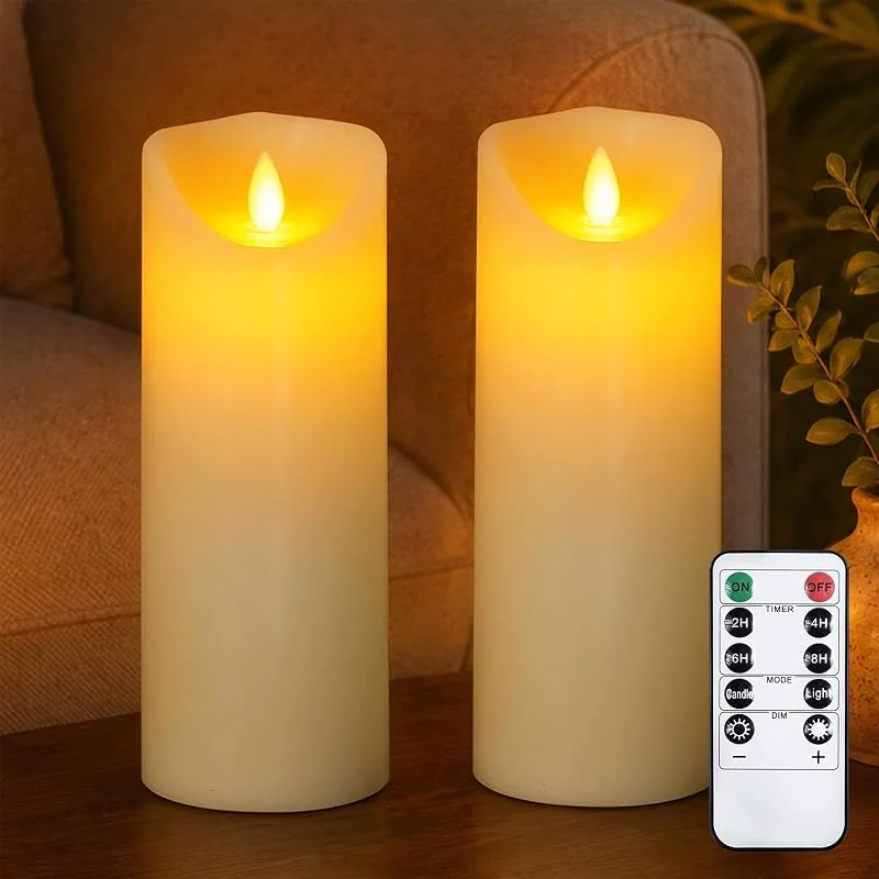 Vtobay 20cm x 7, 5cm Velas LED sin llama con control remoto y temporizador, Funcionamiento con batería Cera real Larga durata Mecha móvil Parpadeante (Marfil, Paquete de 2) — Cena a la luz de velas