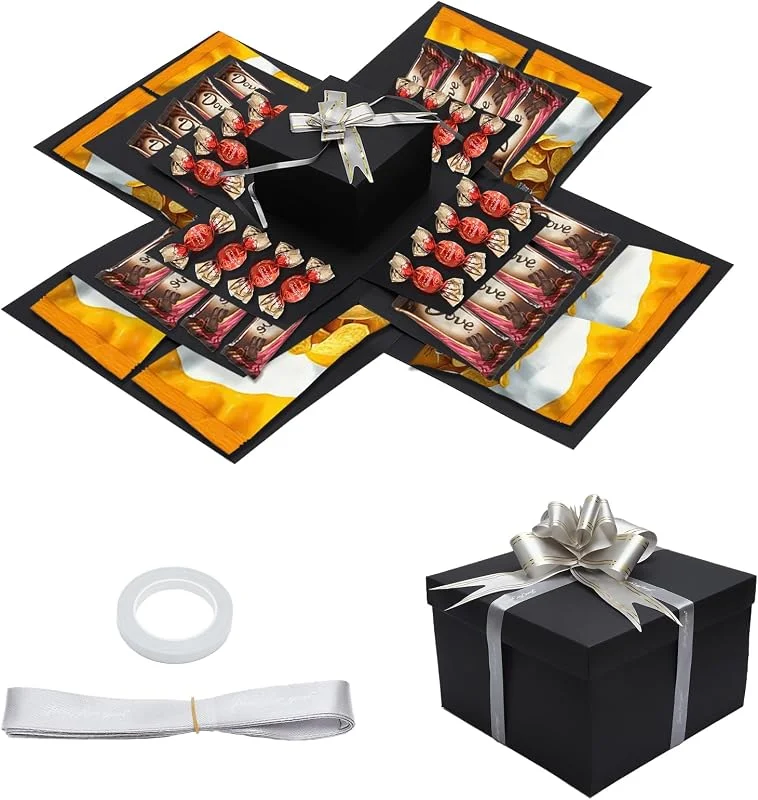 TMZELOA Caja de sorpresa de 5 capas Caja de regalo negra Caja de explosión DIY con tapa, caja de regalo creativa para cumpleaños, boda, viaje, aniversario, San Valentín, Navidad — Envoltorio regalo