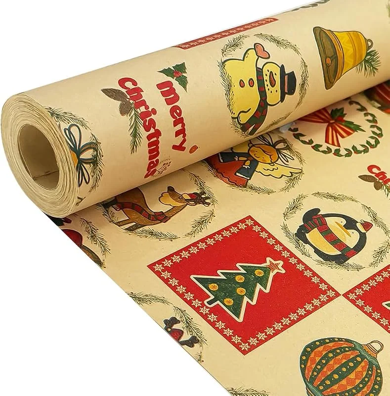 DOJoykey Rollo de papel para envolver regalos para Navidad: papel de regalo Kraft con diseño festivo de 43 cm x 15 m, papel navideño para envolver regalos — Envoltorio regalo