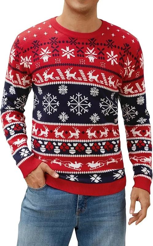 Atforna Jersey de Navidad para hombre Ugly Christmas Sweater Divertido Jersey de Navidad Cuello Redondo Jersey de Punto con Copo de Nieve para Navidad Fiesta — Ropa Navidad