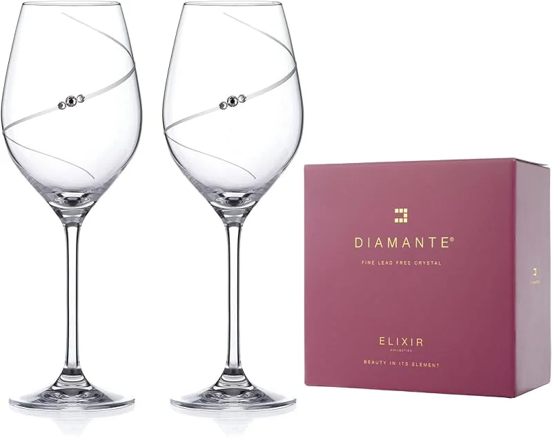 DIAMANTE Juego de 2 copas de vino blanco con diseño "Silhouette" cortado a mano adornado con cristales — Vino y mesa festiva