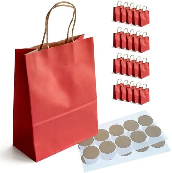 BaiMoure Pack de 20 Bolsas de Regalo con Asas - Bolsas de Papel Premium 150 GSM Rojo, 21x11x27cm Bolsas de Papel Kraft Medianas para Cumpleaños, Bodas, Navidad y Detalles, Incluye Pegatinas — Envoltorio regalo
