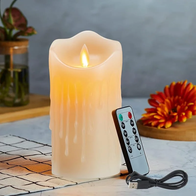 Lonkenn Velas Con Recargable, Velas LED, Velas Parpadeante Sin Llama, Con Mando a Distancia, Vela LED Efecto Llama Temporizador, Con Gotas de cera, Real Cera, con Temporizador de 24 Horas-15cm Blanco Cálido — Cena a la luz de velas