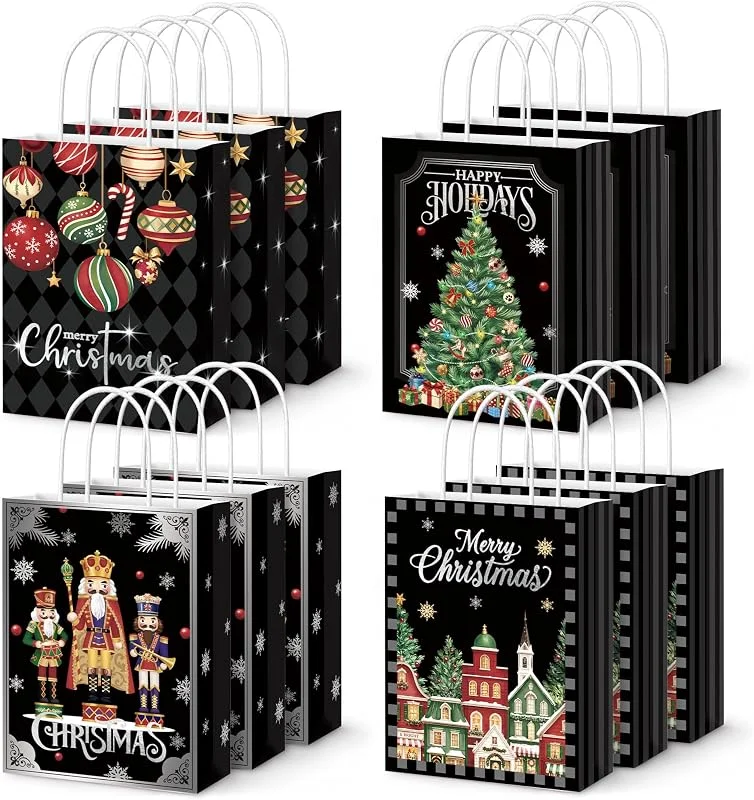 Visita la tienda de Neloheac Neloheac 12 Bolsas Pequeñas de Regalo de Papel Negro Navidad con asa — Envoltorio regalo