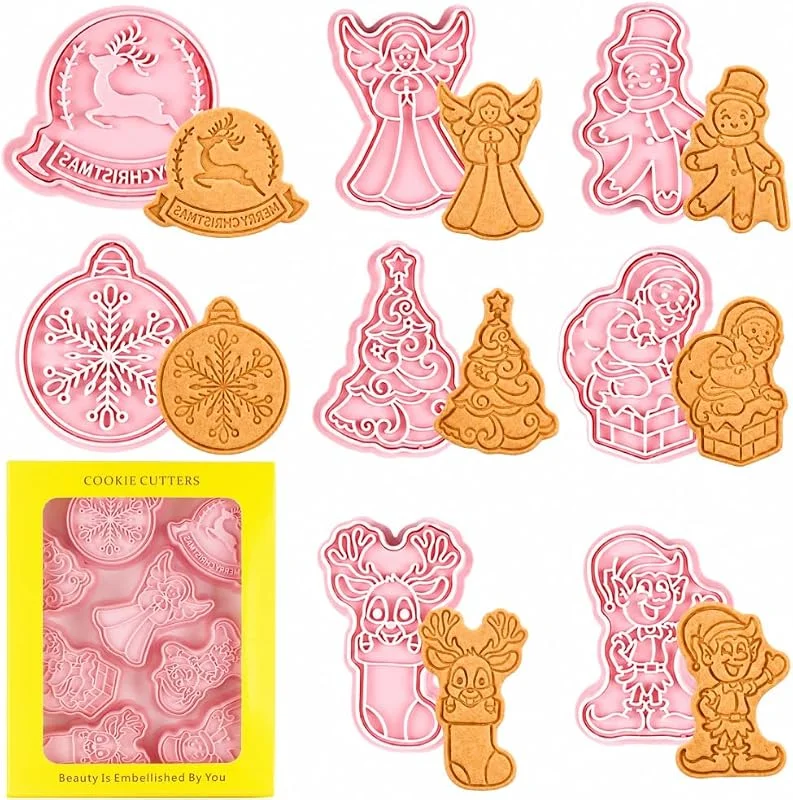 ririess Juego de cortadores de galletas de Navidad, 8 piezas de sellos de galletas de Navidad prensables en 3D, árbol de Navidad, muñeco de nieve, Papá Noel, campana, copo de nieve, ángel, reno y elfo. — Hogar y cocina