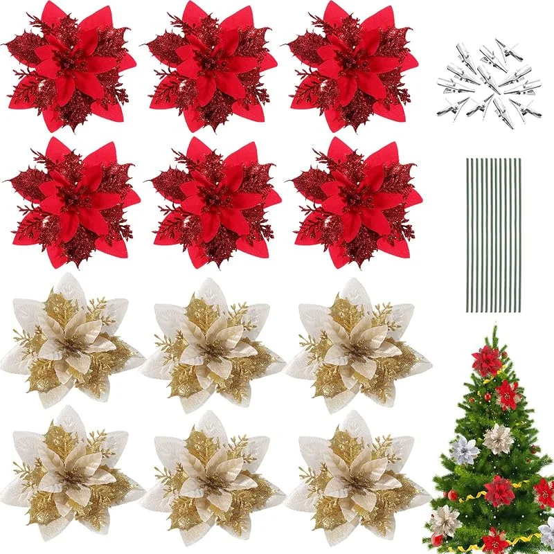 KOIROI 12 unidades de flores de Navidad, con purpurina, decoración de flores de Navidad, con clips y tallos, con purpurina, flor de Navidad, boda, corona para puerta de Navidad (dorado+rojo) — Decoracion Navidad