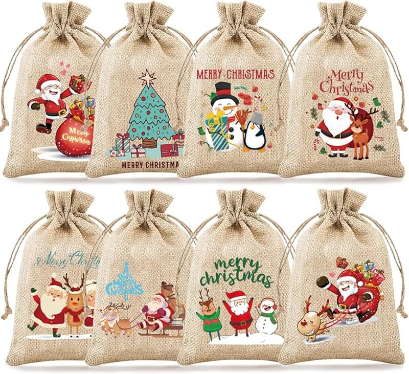 KASESSS 8 Piezas Navidad Bolsitas de Tela Pequeñas, Saquitos de TEla con Cordón, Bolsas Tela Pequeñas Reutilizables, BOlsas Regalo NAvidad, Bolsas Navidad, bolsas de NavidadS para Fiesta (10x15cm) — Envoltorio regalo