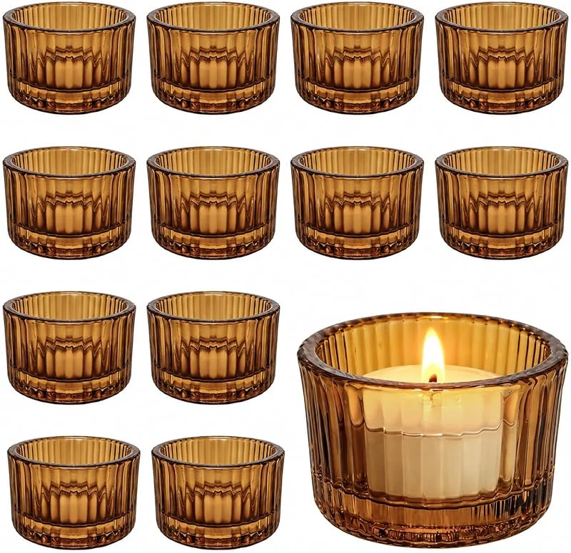 CAIXIANGYU Juego de 12 Mini portavelas de Cristal Transparente Bodas, Decoración de Mesa y Fiestas, Uso Interior, Exterior (Marrón) — Cena a la luz de velas