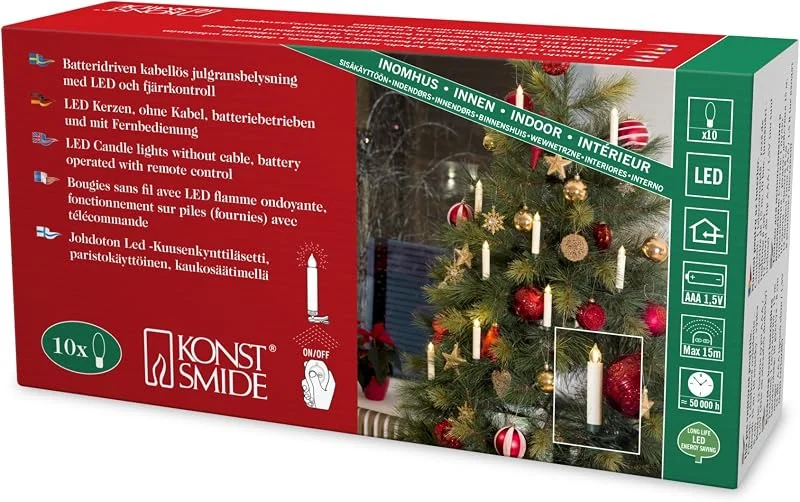 Konstsmide 1901 – 100 – Luces LED para árbol con mando a distancia, 10 pequeñas blancas velas, Para Interior (IP20), VDE, Funciona Con Pilas: 12 x aaa 1.5 V (excepto.), 10 diodos de cálida luz blanca) — Luces Navidad