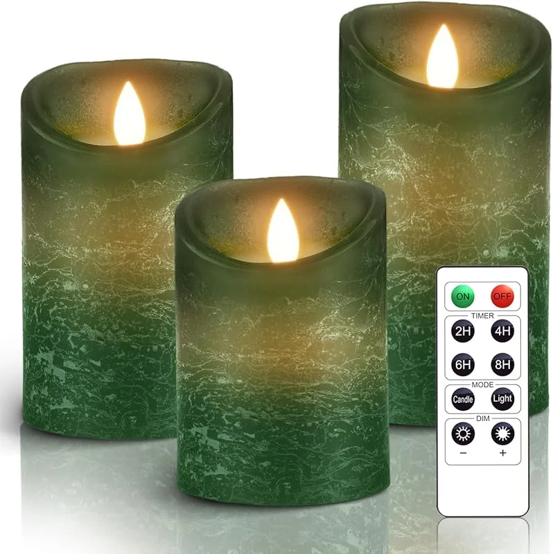 PinnWaa Velas LED 3 Piezas, Cera Real, Control Remoto y Temporizador, Verde — Cena a la luz de velas