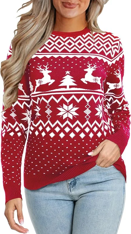 VEOMRI LUKCH Suéter de Navidad para mujeres y hombres, reno, copo de nieve, suéter festivo de punto, cuello redondo, manga larga, suéter de invierno — Ropa Navidad