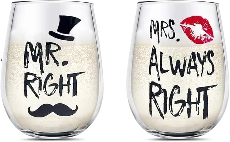 Yalucky Copas de vino Mr Right and Mrs Always Right para parejas, regalo de pareja, regalo de compromiso, regalo de boda, juego de copas de vino sin tallo, aniversario de boda — Vino y mesa festiva