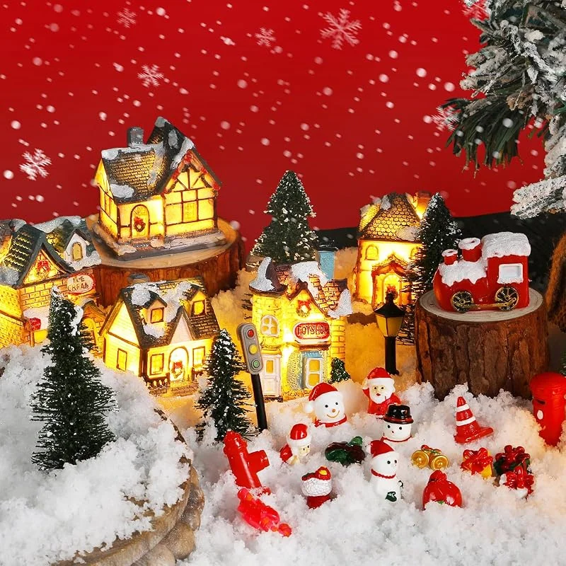 Liliful Juego de 46 figuras de pueblo de Navidad con luces LED iluminadas de resina coleccionable de pueblo de Navidad, adornos de escritorio para decoración de fiestas de Navidad (rústico) — Decoracion Navidad